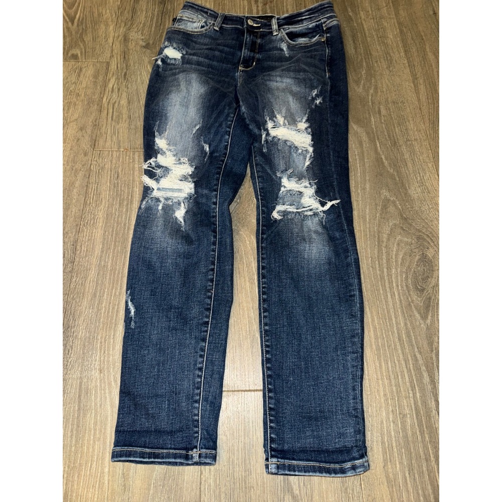 Judy Blue Boyfriend Fit Distressed Dark Wash Denim Jeans 7/28 JB82427MD